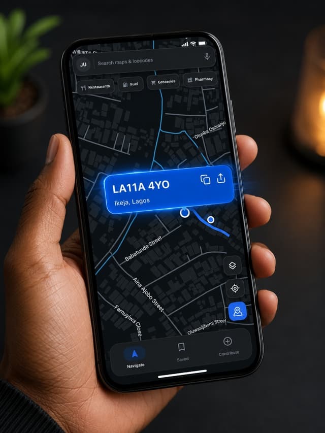 Hand holding smartphone with Maimaps map interface
