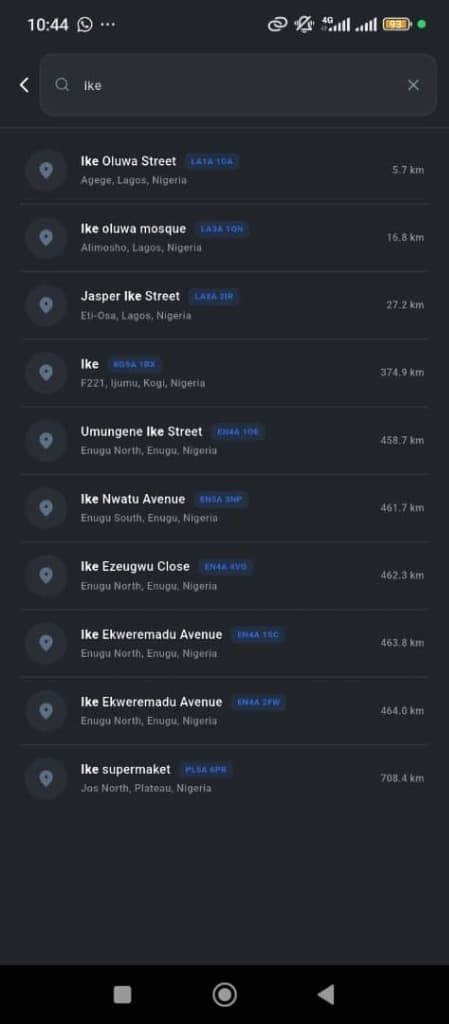 Maimaps Search Results Screen for 'ike'